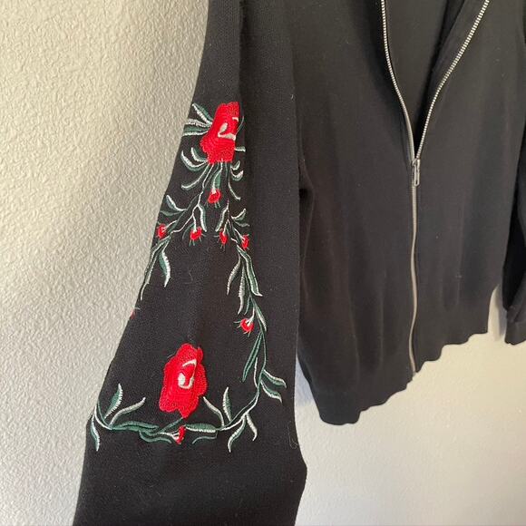 Octavia Embroidered Floral Zip Front Black Women's Long Sleeve Cardigan Jacket M - Picture 3 of 8